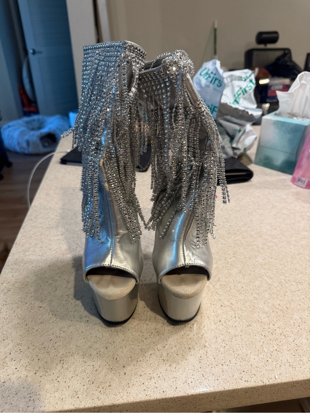 Pleaser Silver Rhinestone Fringe Peep-Toe Platform Boots